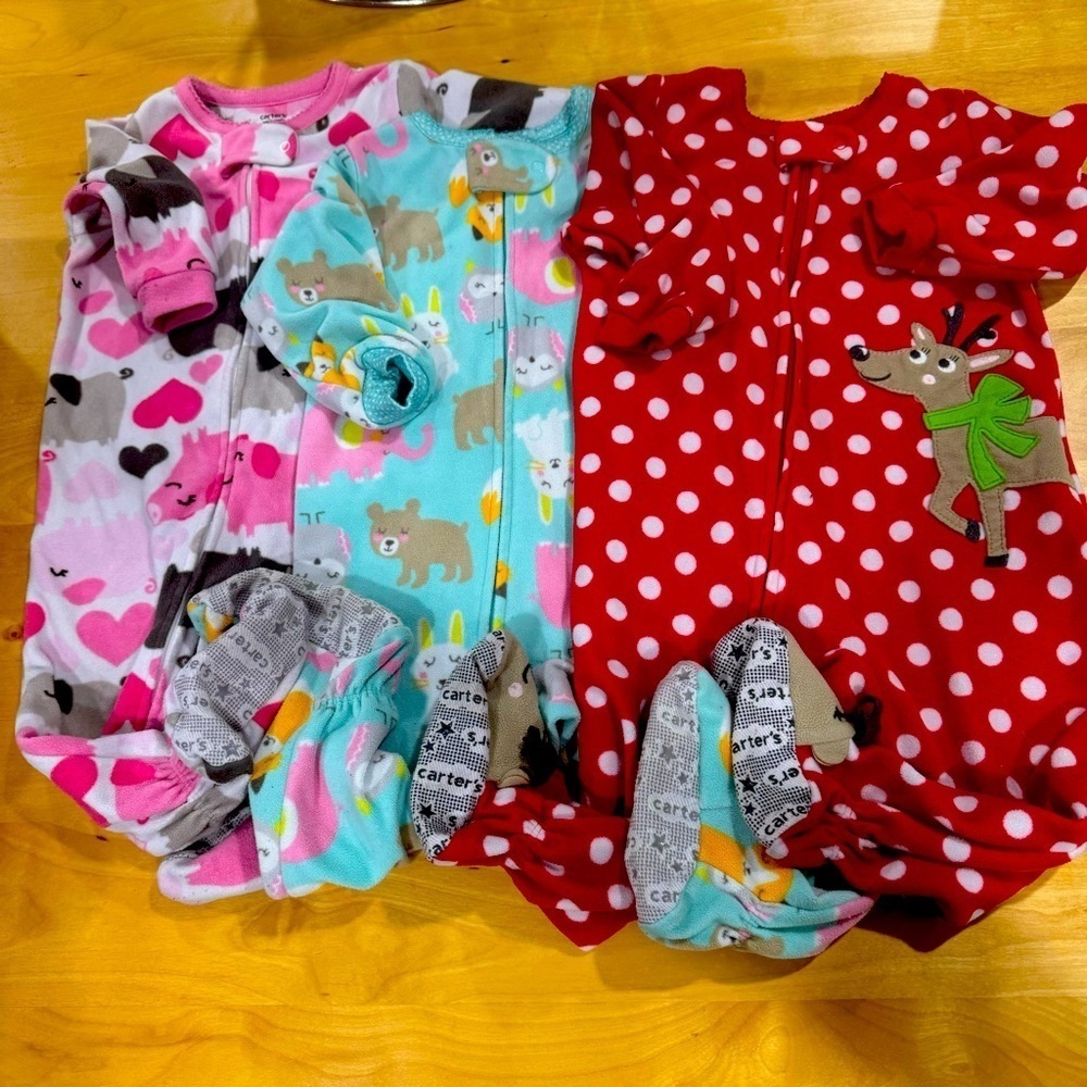 3 Baby Girl Carter’s Fleece Zip Up Sleepers Pink Blue Red Christmas 12 mos.